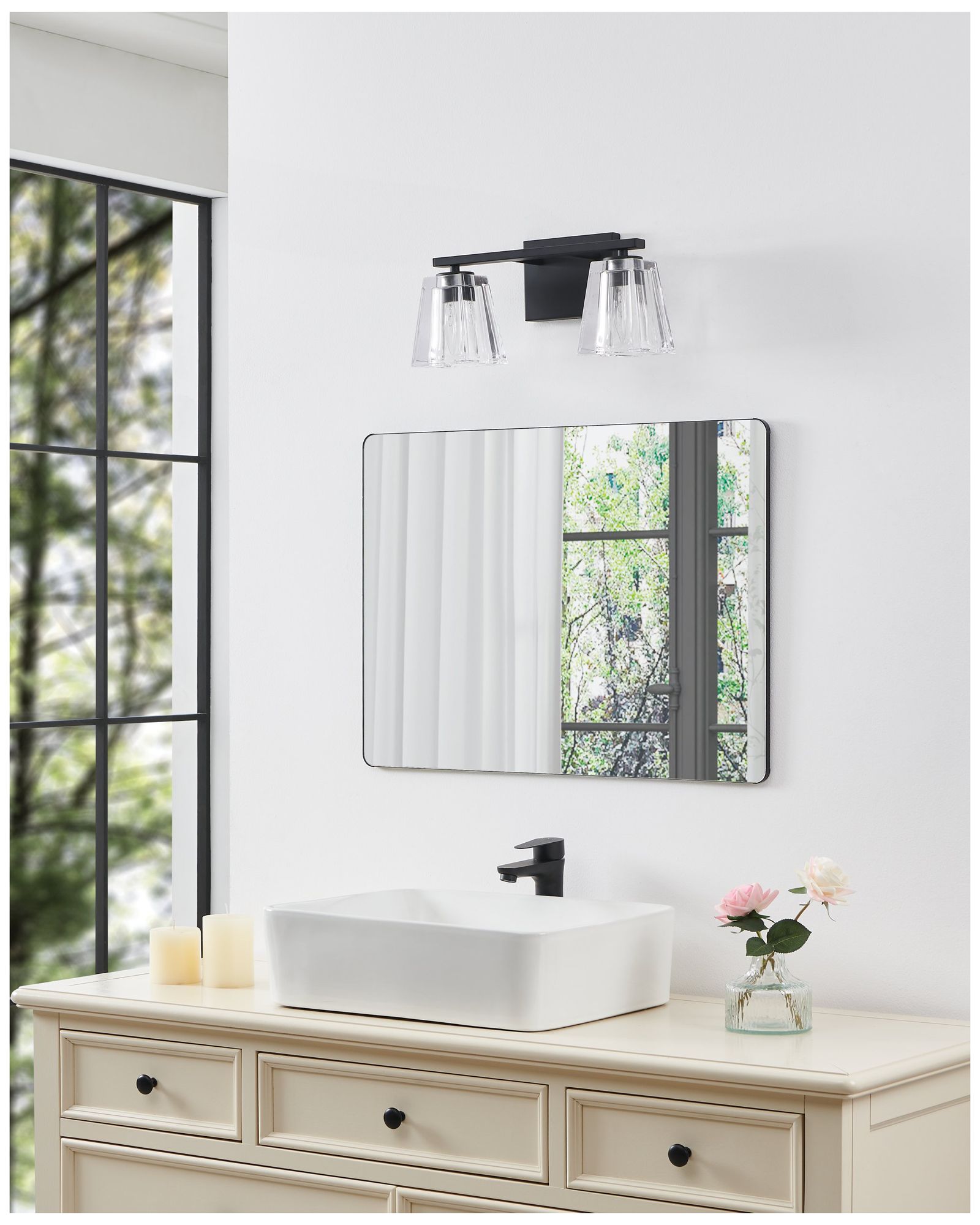 Thesis Valentin 15" Matte Black Vanity Light w/ Clear Pressed Glass Shades