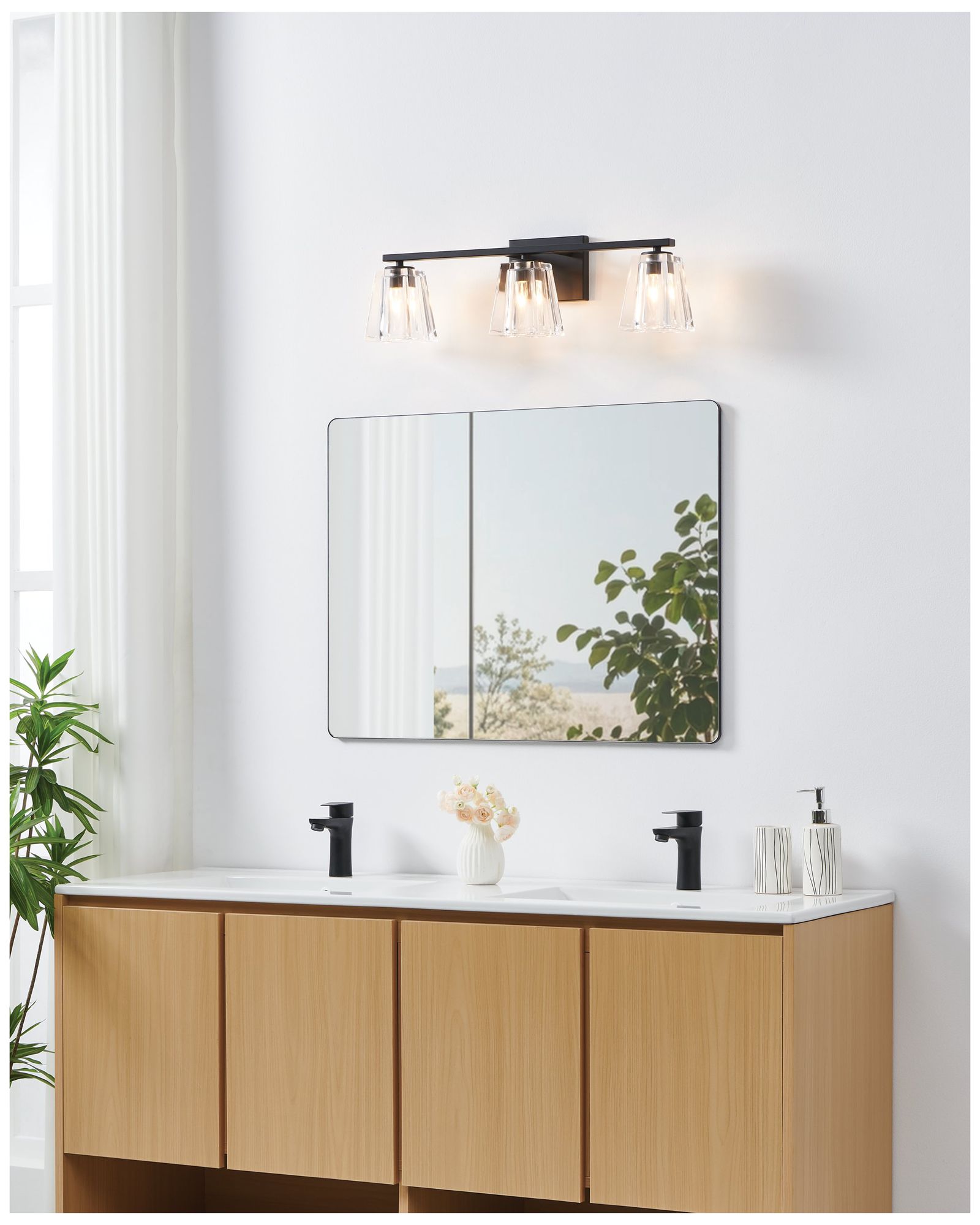 Image 7 Thesis Valentin 24" Matte Black Vanity Light w/ Clear Pressed Glass Shades more views