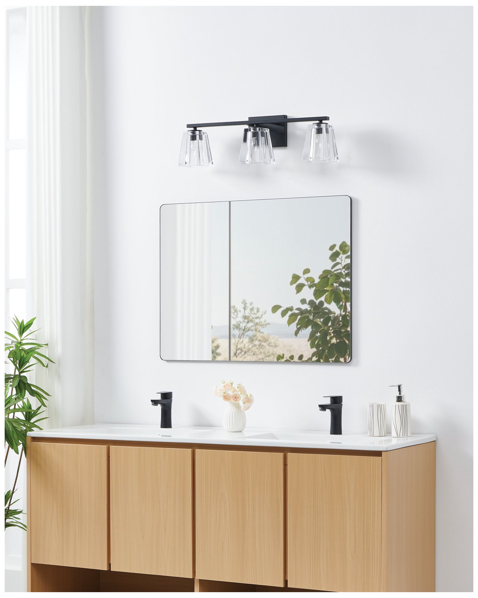 Thesis Valentin 24" Matte Black Vanity Light w/ Clear Pressed Glass Shades