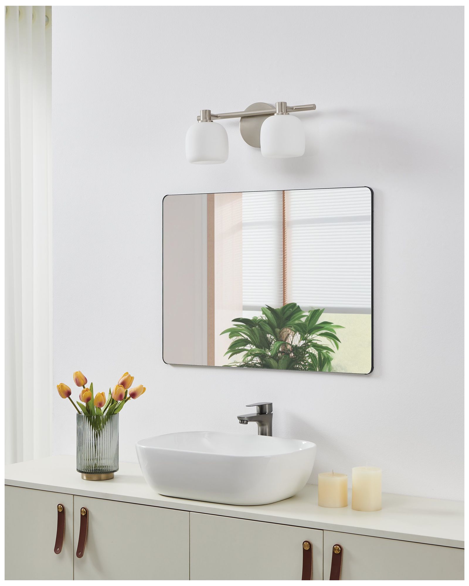 Thesis Valentina 15" Br. Nickel Vanity Light w/ Etched Opal Glass Shades