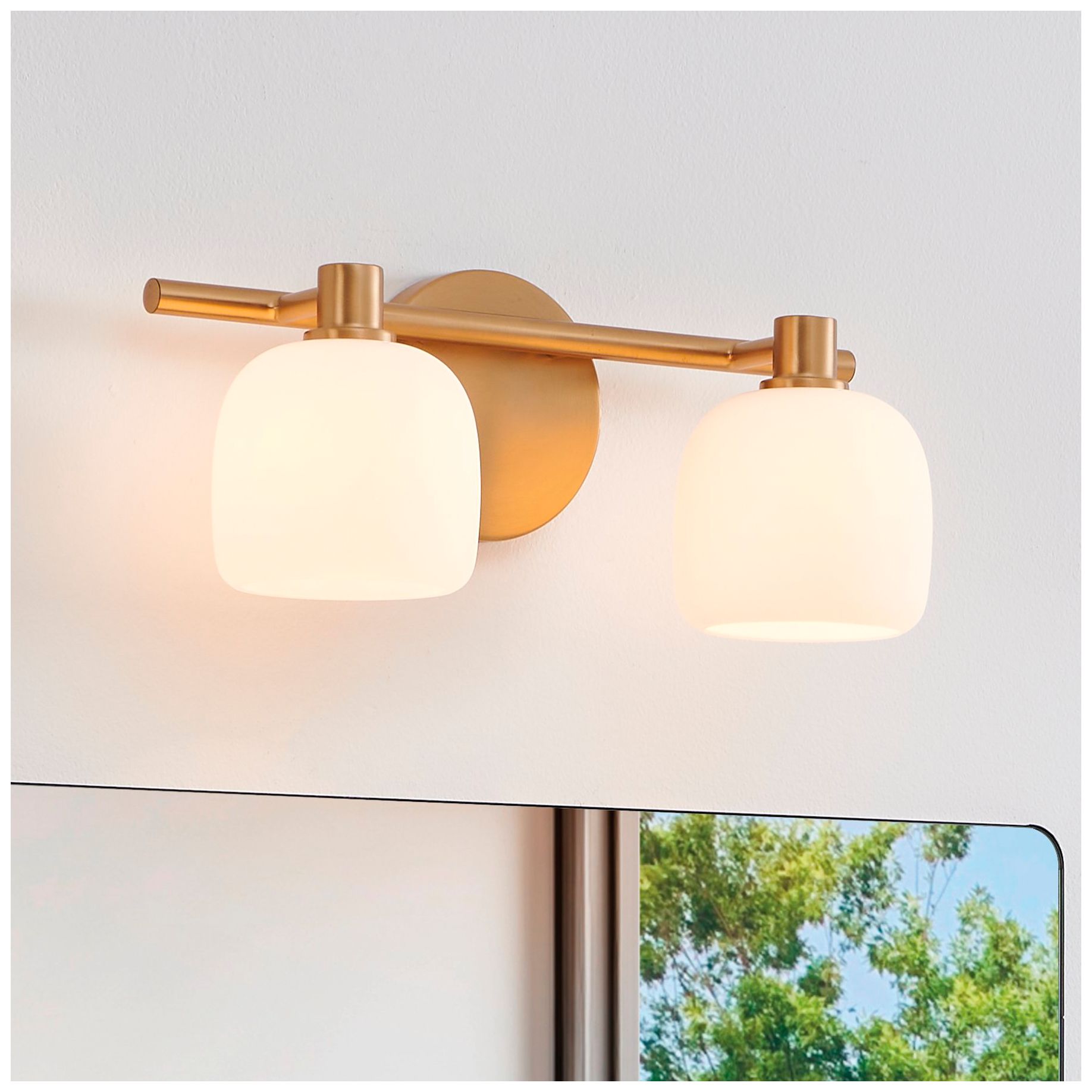 Thesis Valentina 15" Gold Vanity Light w/ Etched Opal Glass Shades