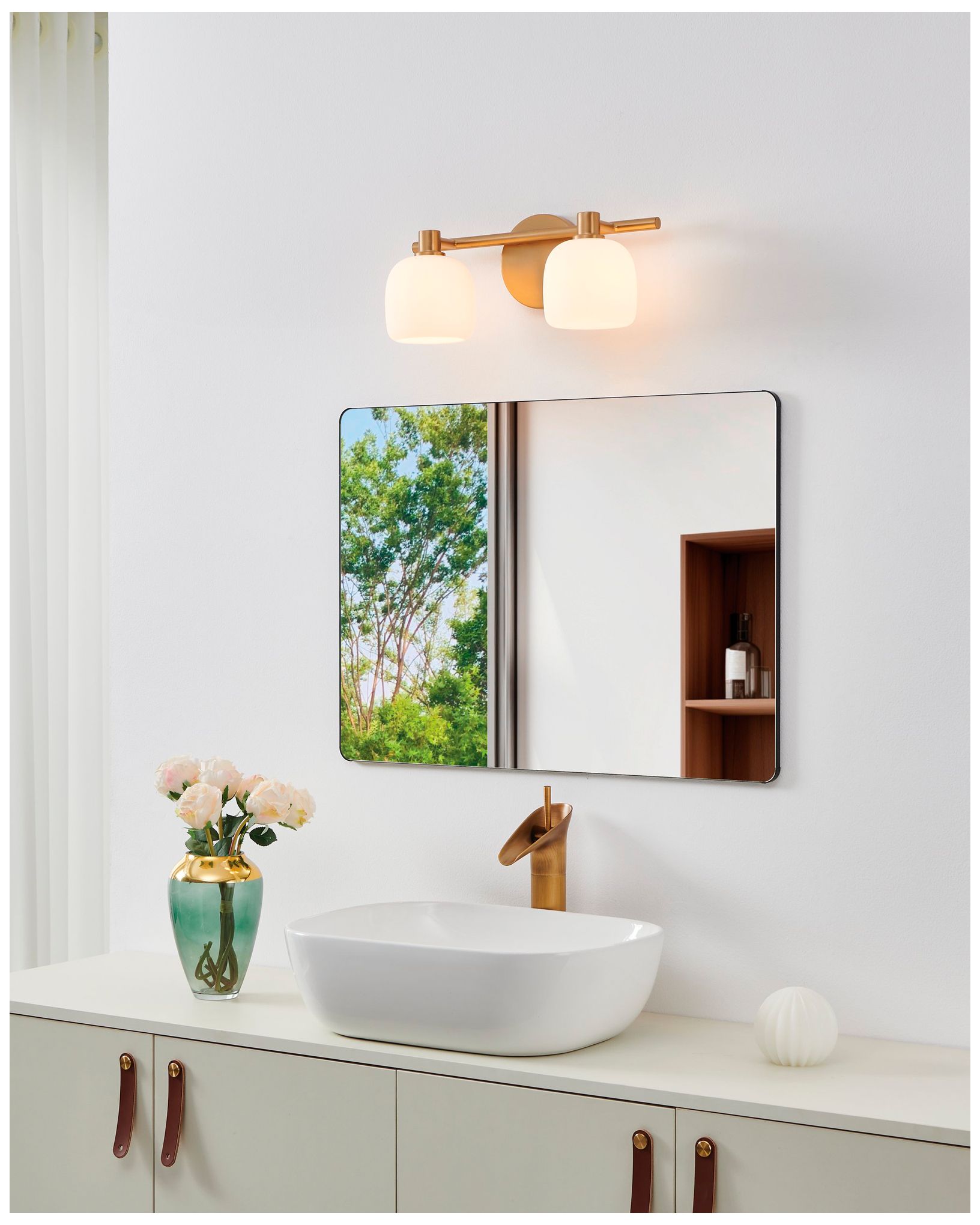 Image 7 Thesis Valentina 15" Gold Vanity Light w/ Etched Opal Glass Shades more views