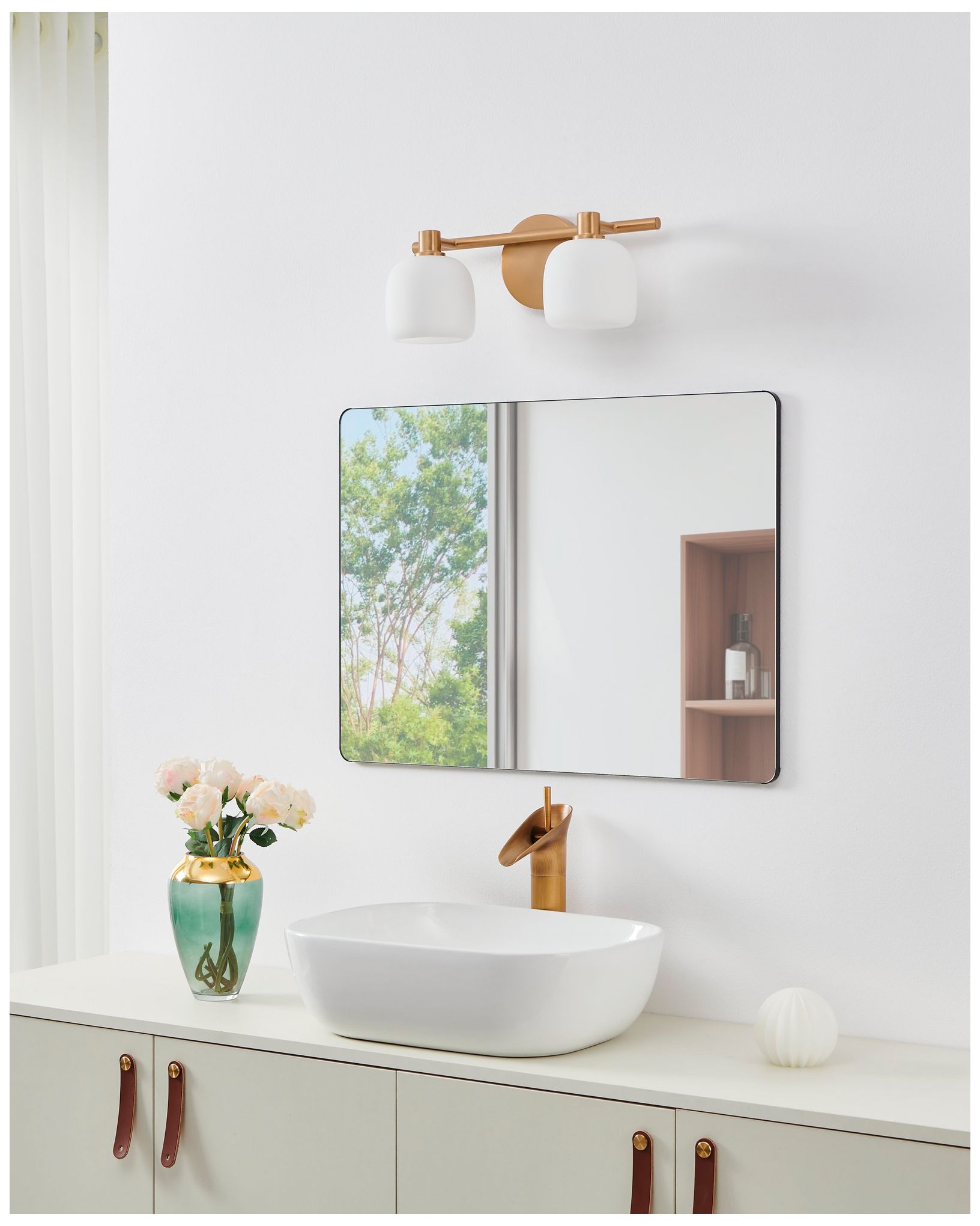 Thesis Valentina 15" Gold Vanity Light w/ Etched Opal Glass Shades