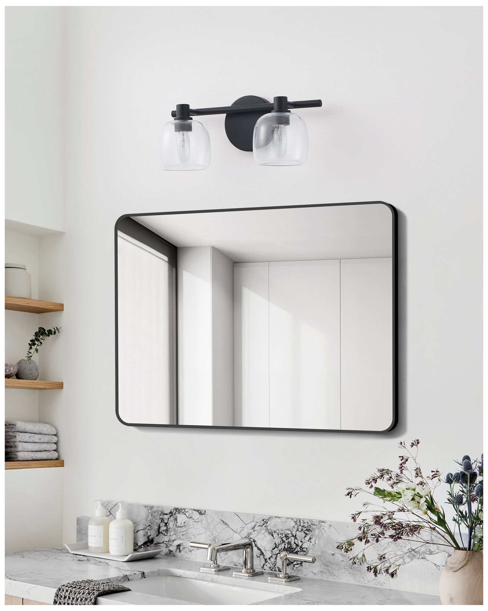 Thesis Valentina 15-inch Matte Black Vanity Light with Clear Glass Shades