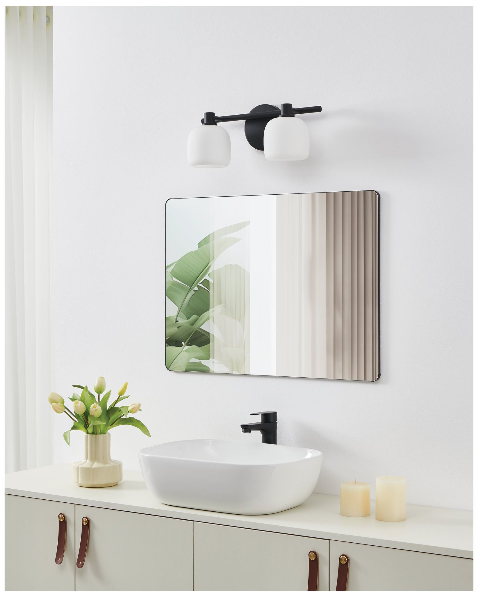 Thesis Valentina 15" Matte Black Vanity Light, Etched Opal Glass Shades