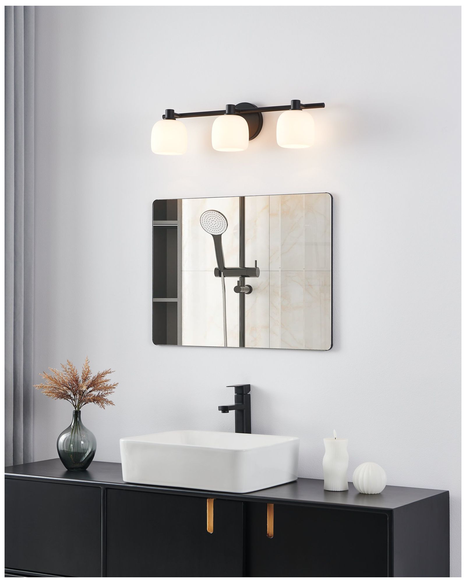 Image 7 Thesis Valentina 24" Matte Black Vanity Light with Etched Opal Glass Shades more views