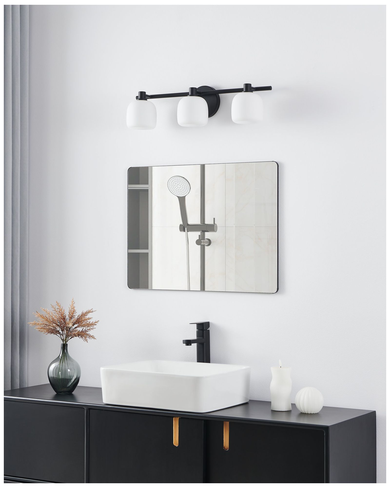 Thesis Valentina 24" Matte Black Vanity Light with Etched Opal Glass Shades