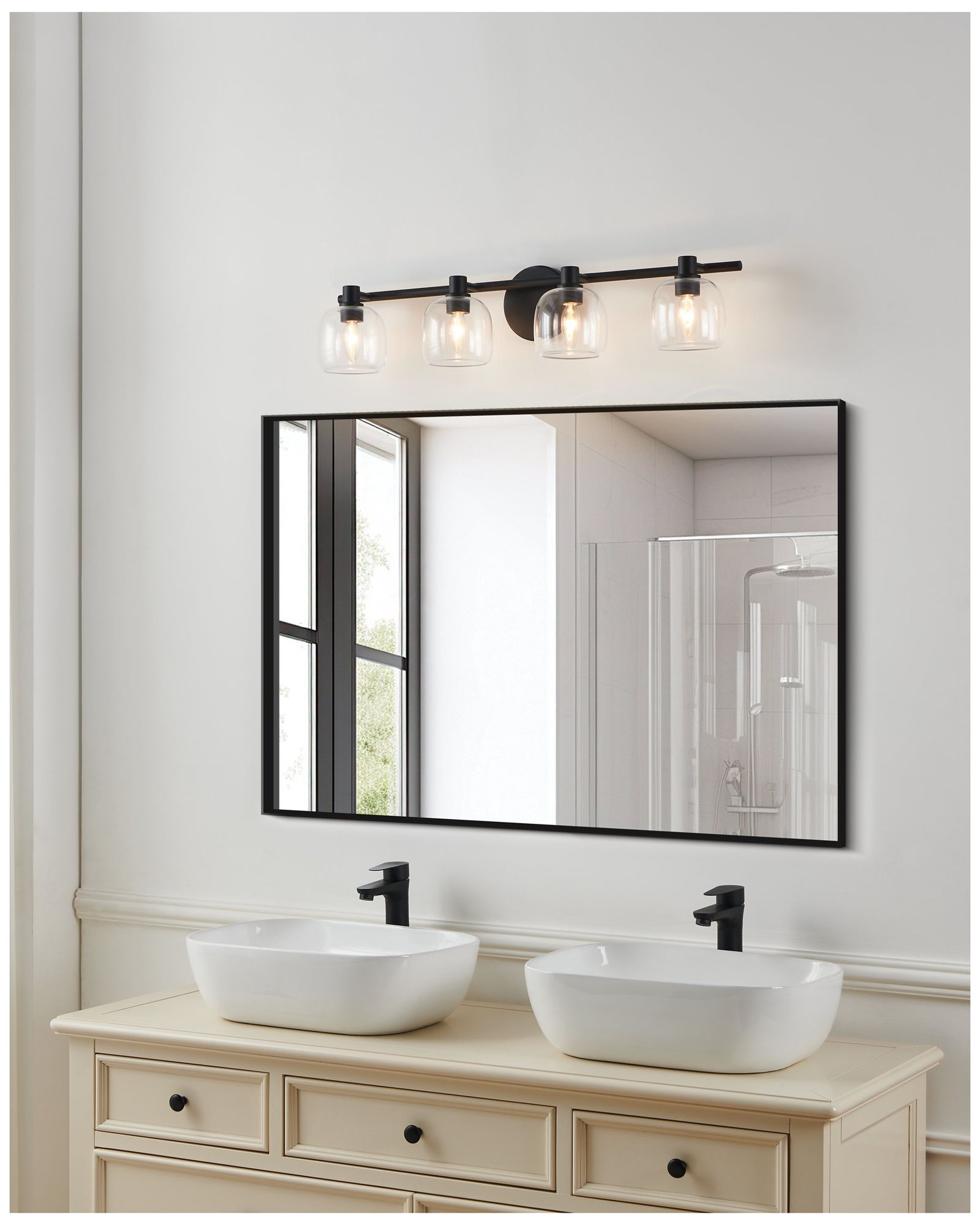 Thesis Valentina 30-inch Matte Black Vanity Light with Clear Glass Shades