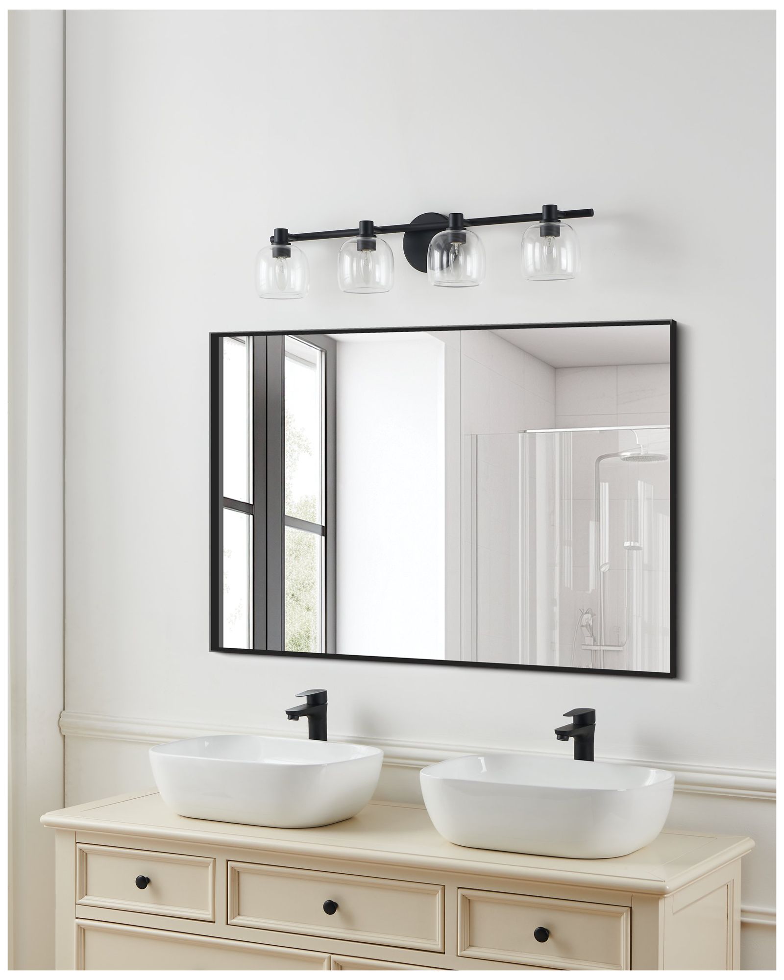 Thesis Valentina 30-inch Matte Black Vanity Light with Clear Glass Shades