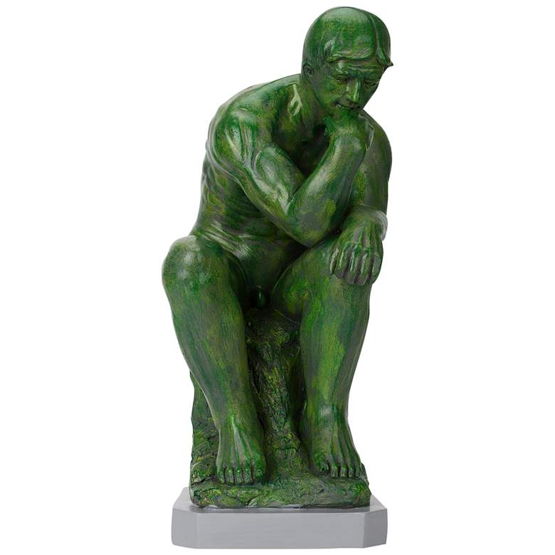 Image 2 Thinker 15" High Green Statue with Solar LED Spotlight more views