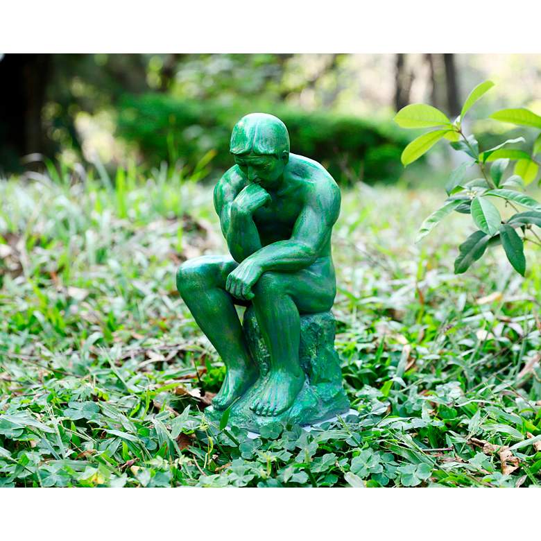 Image 7 Thinker 15" High Green Statue with Solar LED Spotlight more views