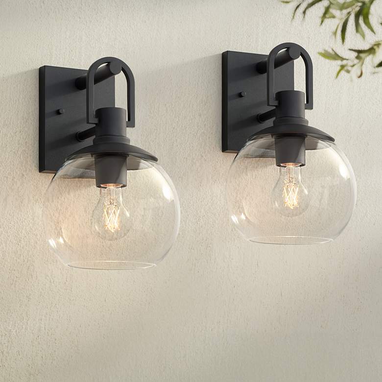 Image 1 Thompson 12 1/4" High Black Outdoor Wall Light Set of 2