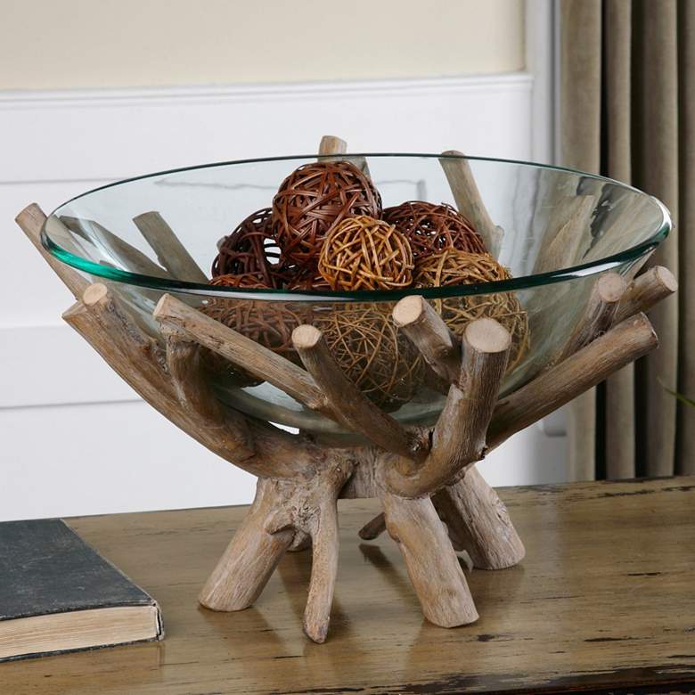 Image 1 Thoro 20" Wide Rustic Natural Wood Clear Glass Bowl