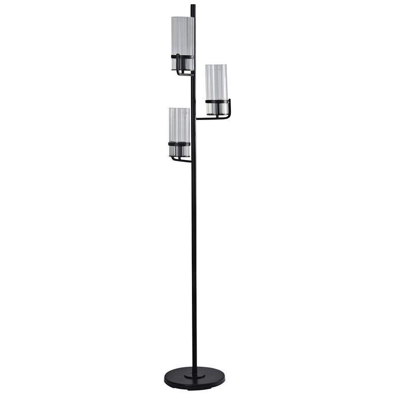 Image 1 Three-Arm 70" High Floor Lamp in Black with Ribbed Glass