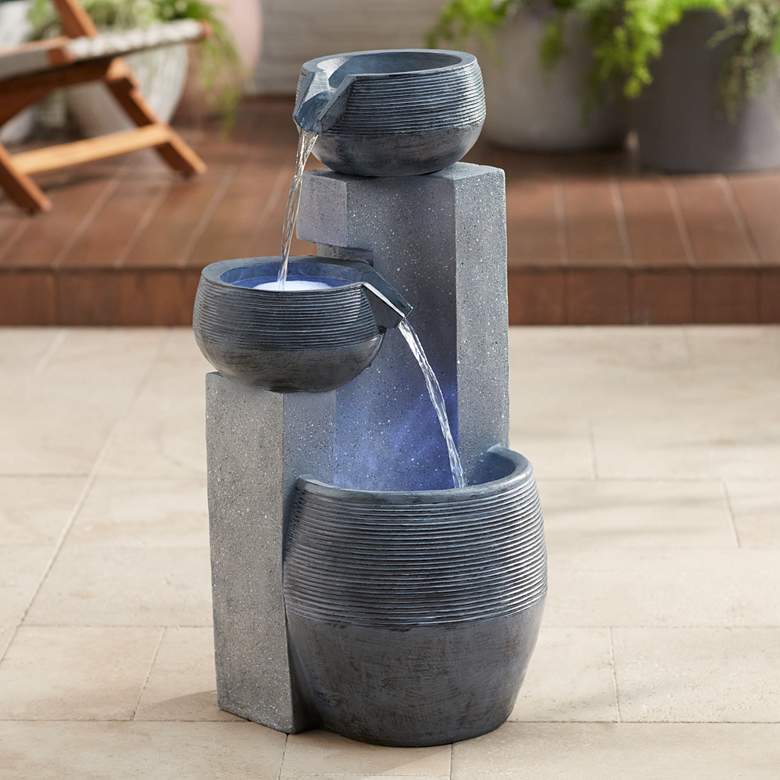 Image 1 Three Bowl 31 1/2" High Gray Faux Stone Fountain with LED Light