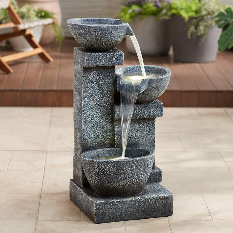 Image 1 Three Bowls 32 1/4" High Gray Faux Stone Cascading LED Floor Fountain