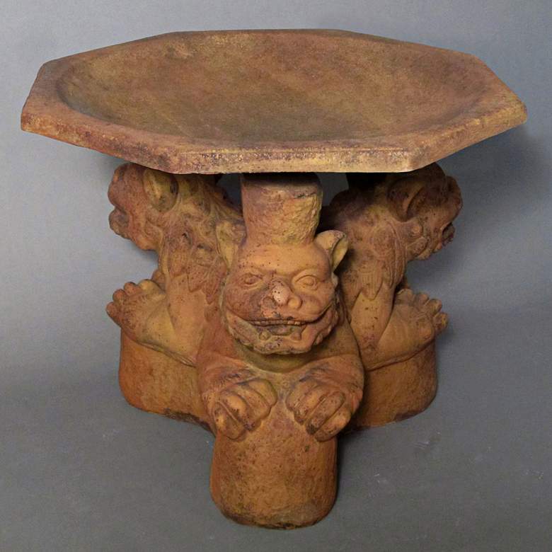 Image 1 Three Foo Dogs 20" High Sandstone Outdoor Bird Bath