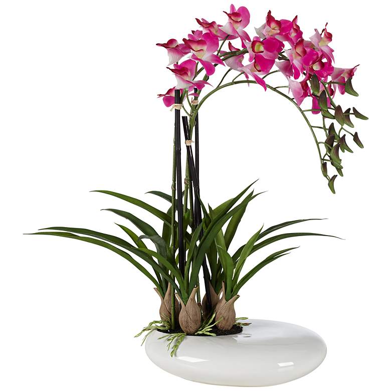 Image 1 Three Stem 18 1/2 inch High Faux Purple Orchid in White Pot