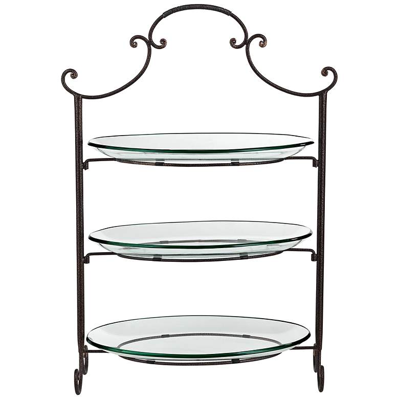 Image 1 Three Tier Serving Stand with Scroll Top and Glass Plates