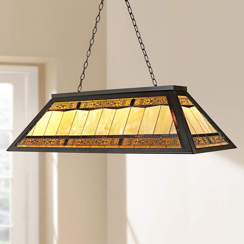 Image 1 Tiffany Bronze 44" Tiffany Style 4-Light Billiard Chandelier