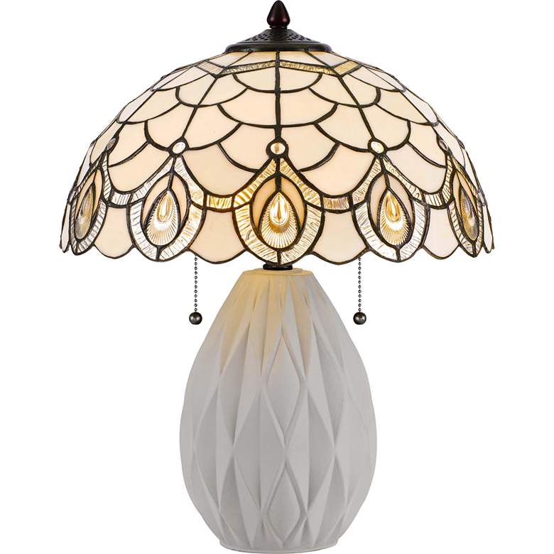 Tiffany Cream Ceramic Stained Art Glass Accent Table Lamp