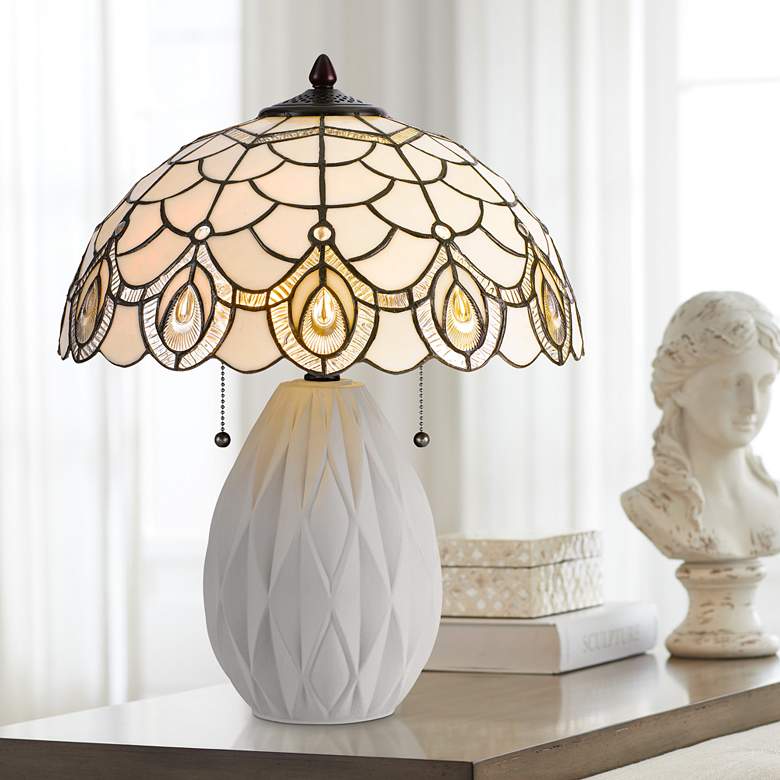 Image 1 Tiffany Cream Ceramic Stained Art Glass Accent Table Lamp