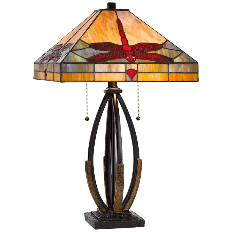 Image 2 Tiffany Dark Bronze Dragon Fly Art Glass Accent Table Lamp