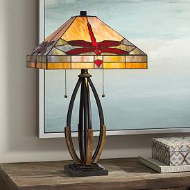 Image1 of Tiffany Dark Bronze Dragon Fly Art Glass Accent Table Lamp