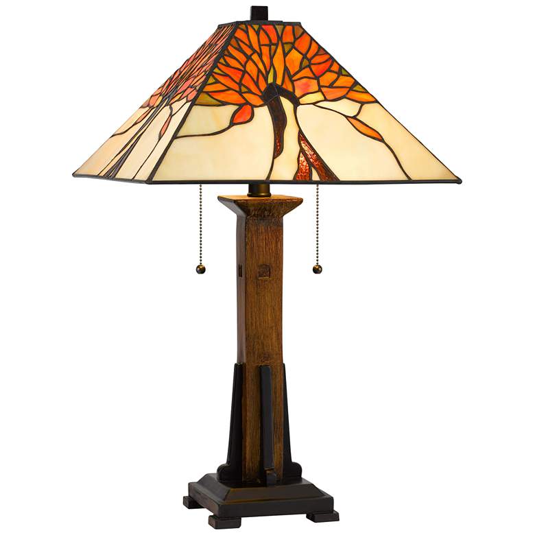 Image 2 Tiffany Faux Wood Fiery Orange Art Glass Accent Table Lamp