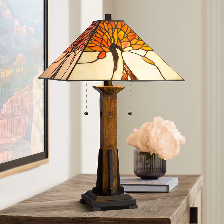 Image 1 Tiffany Faux Wood Fiery Orange Art Glass Accent Table Lamp