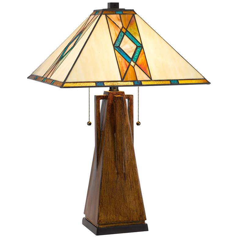Image 2 Tiffany Faux Wood Stained Art Glass Accent Table Lamp