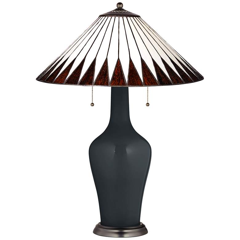 Image 1 Tiffany Style Lamp with Black of Night Base and Feather Geometric Shade