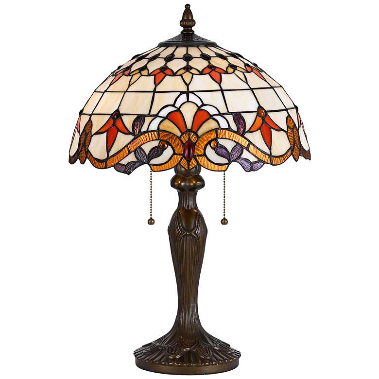 Image 1 Tiffany-Style Scroll Pattern Antique Brass Table Lamp