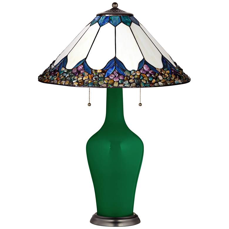 Image 1 Tiffany Style Table Lamp with Clara Greens Base and River Stone Shade