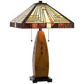 Image2 of Tiffany Wood Tone Stained Art Glass Table Lamp