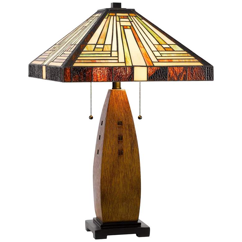 Image 2 Tiffany Wood Tone Stained Art Glass Table Lamp