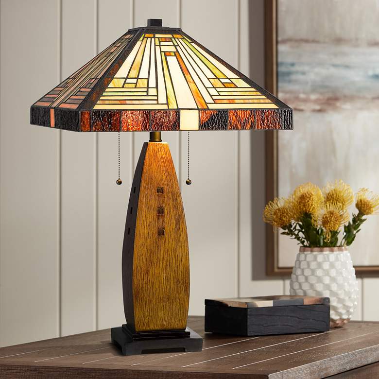 Image 1 Tiffany Wood Tone Stained Art Glass Table Lamp