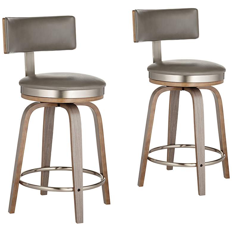 Image 3 Tilden 26" Gray Leather Swivel Counter Stools Set of 2