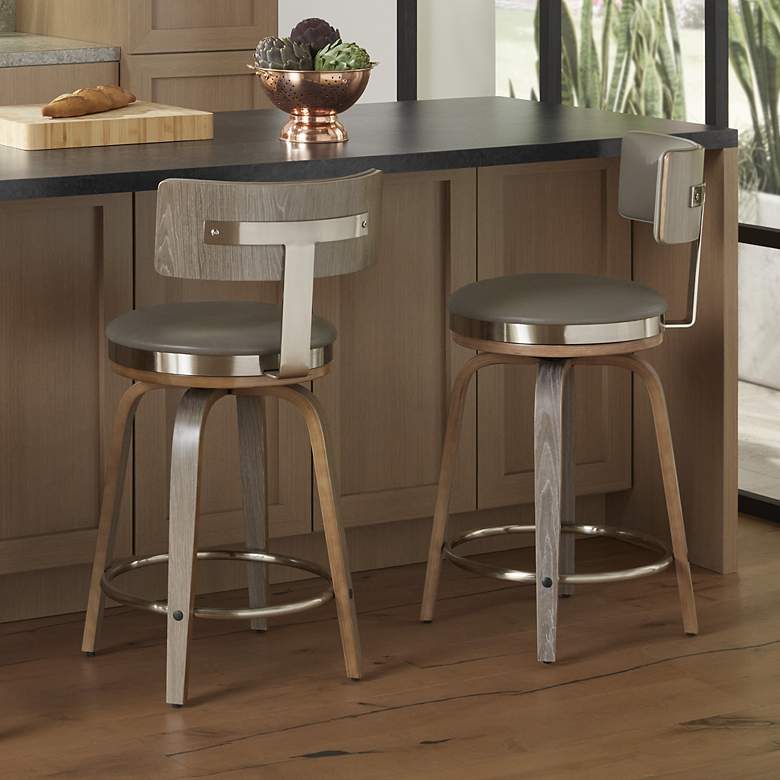 Image 2 Tilden 26" Gray Leather Swivel Counter Stools Set of 2