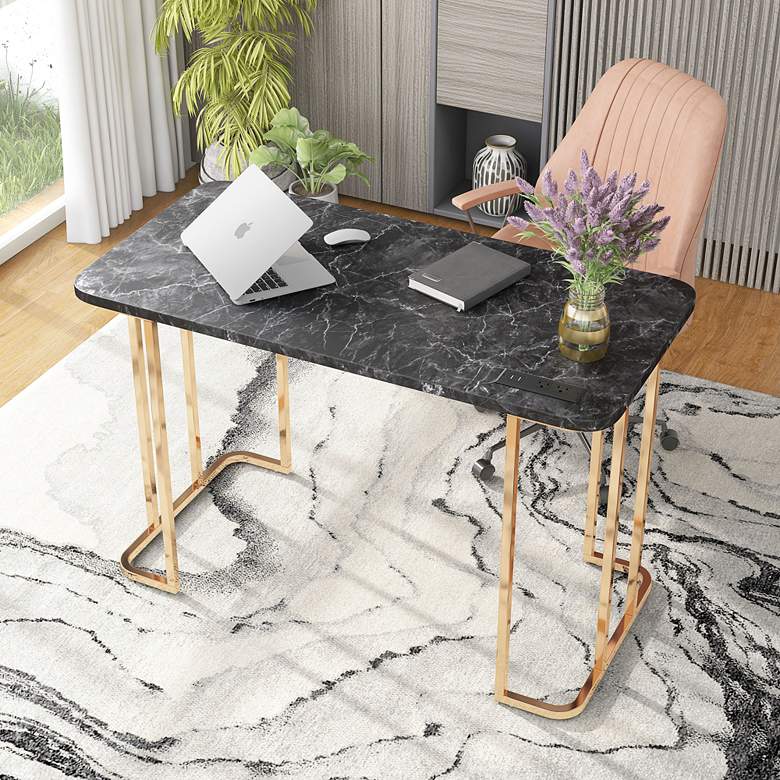 Image 1 Tilsen 47 1/4"W Black Gold Metal Writing Desk with Outlets