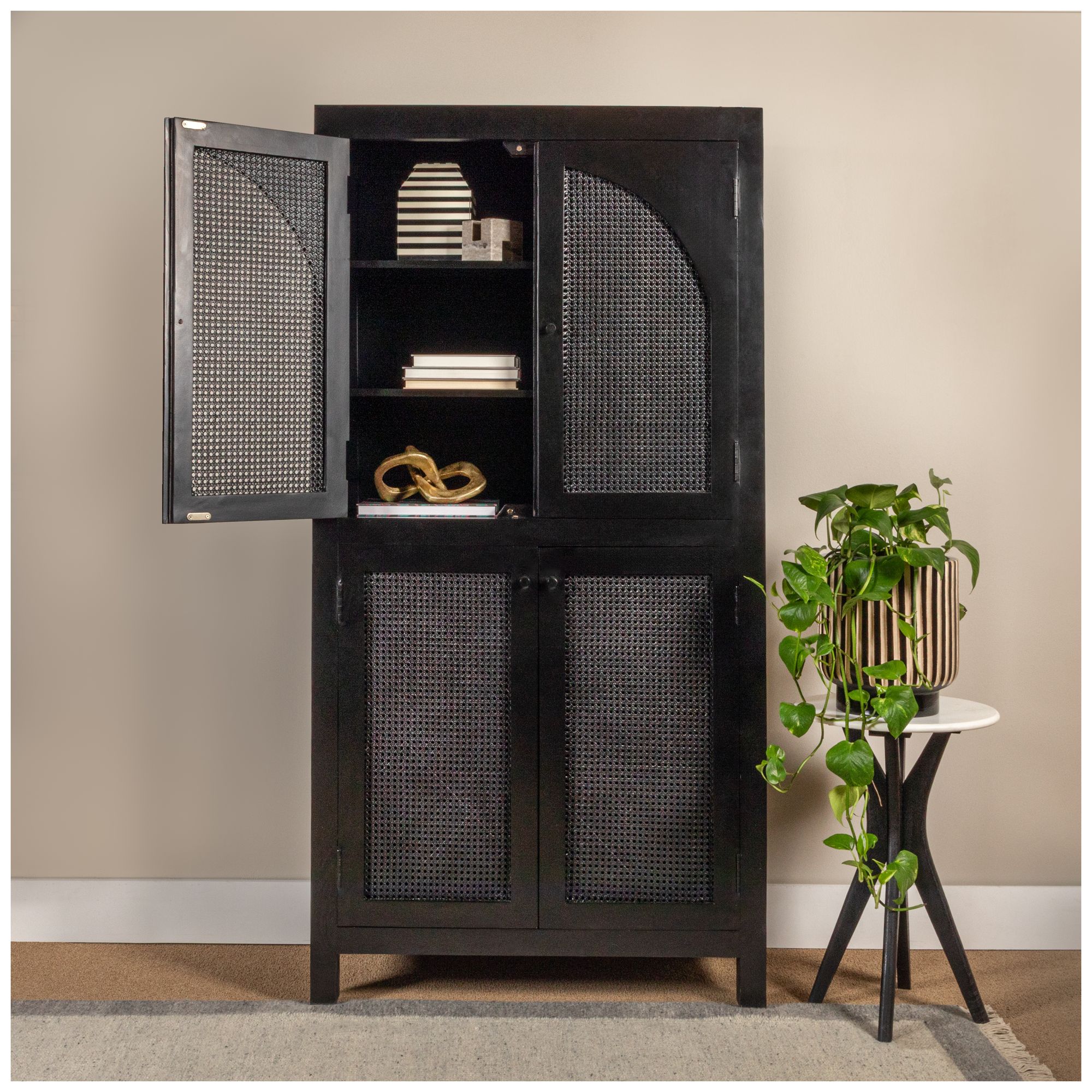 Image 3 Timan 36" Wide Black Mango Wood and Cane Curio Cabinet more views