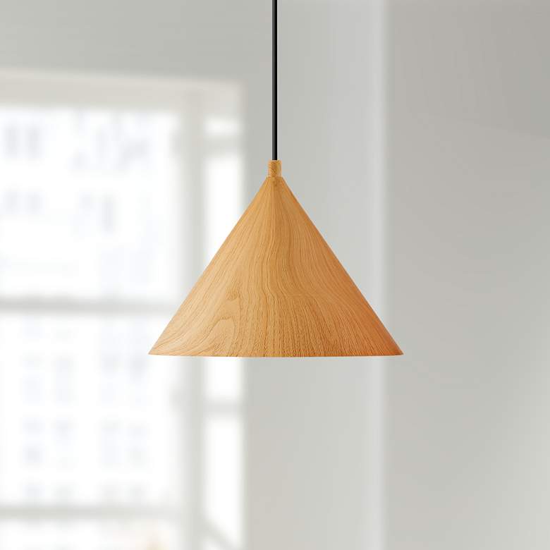 Image 1 Timber 10 1/2" Wide Wood Grain Conical LED Mini Pendant