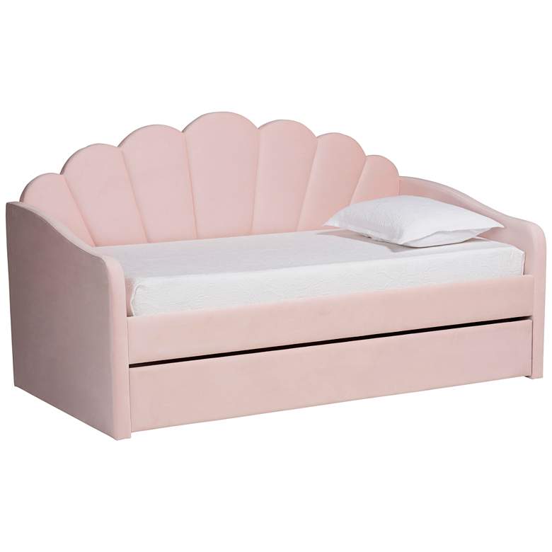Image 2 Timila Light Pink Velvet Fabric Full Size Daybed w/ Trundle