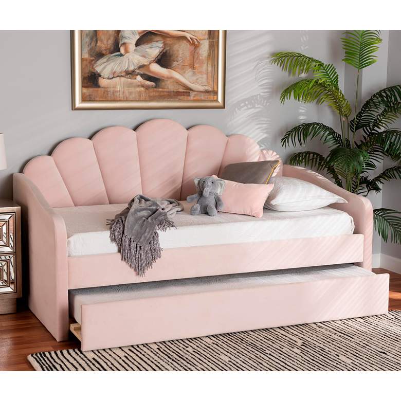 Image 1 Timila Light Pink Velvet Fabric Full Size Daybed w/ Trundle