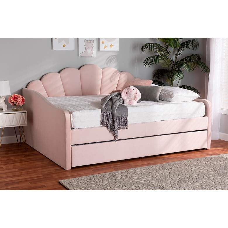 Image 1 Timila Light Pink Velvet Fabric Queen Daybed with Trundle
