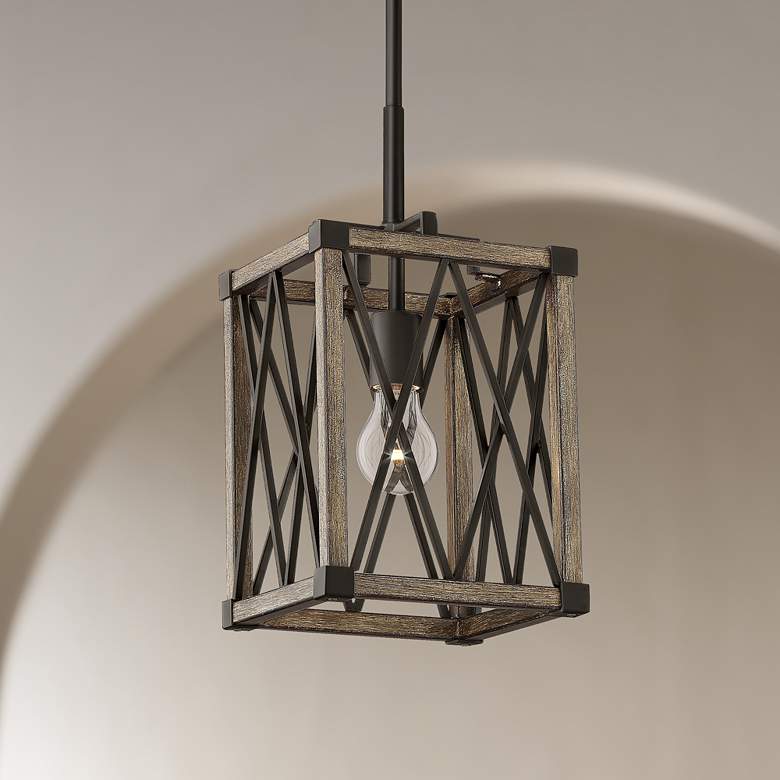 Image 1 Timothy 8" Wide Bronze and Wood Mini Pendant Light