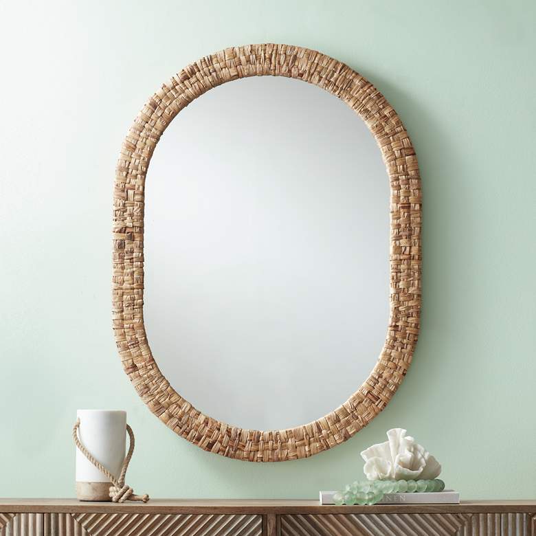 Image 1 Tioga Natural Woven Rattan 26 1/2 inchx36 inch Oval Wall Mirror