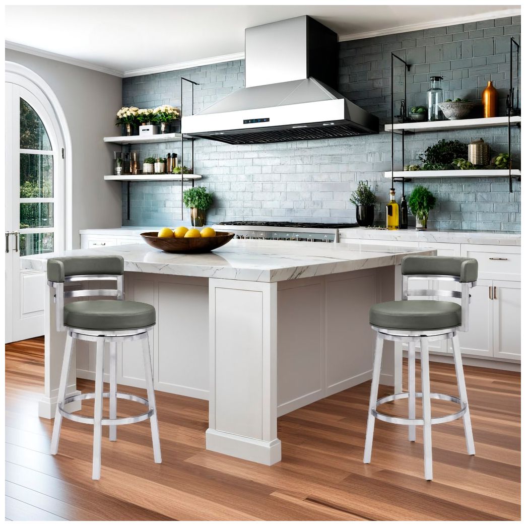 Image 3 Titana 26 in. Swivel Barstool in Stainless Steel Finish, Gray Faux Leather more views