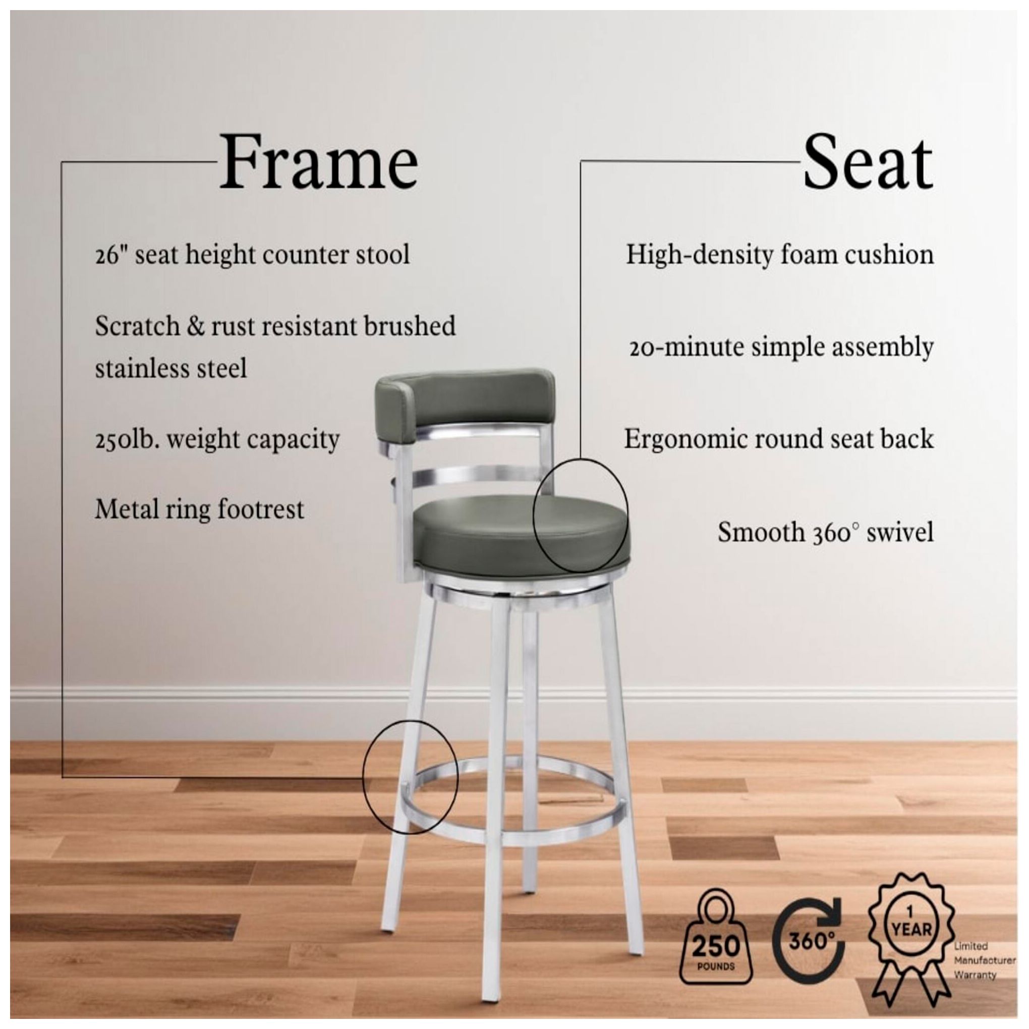 Titana 26 in. Swivel Barstool in Stainless Steel Finish, Gray Faux Leather