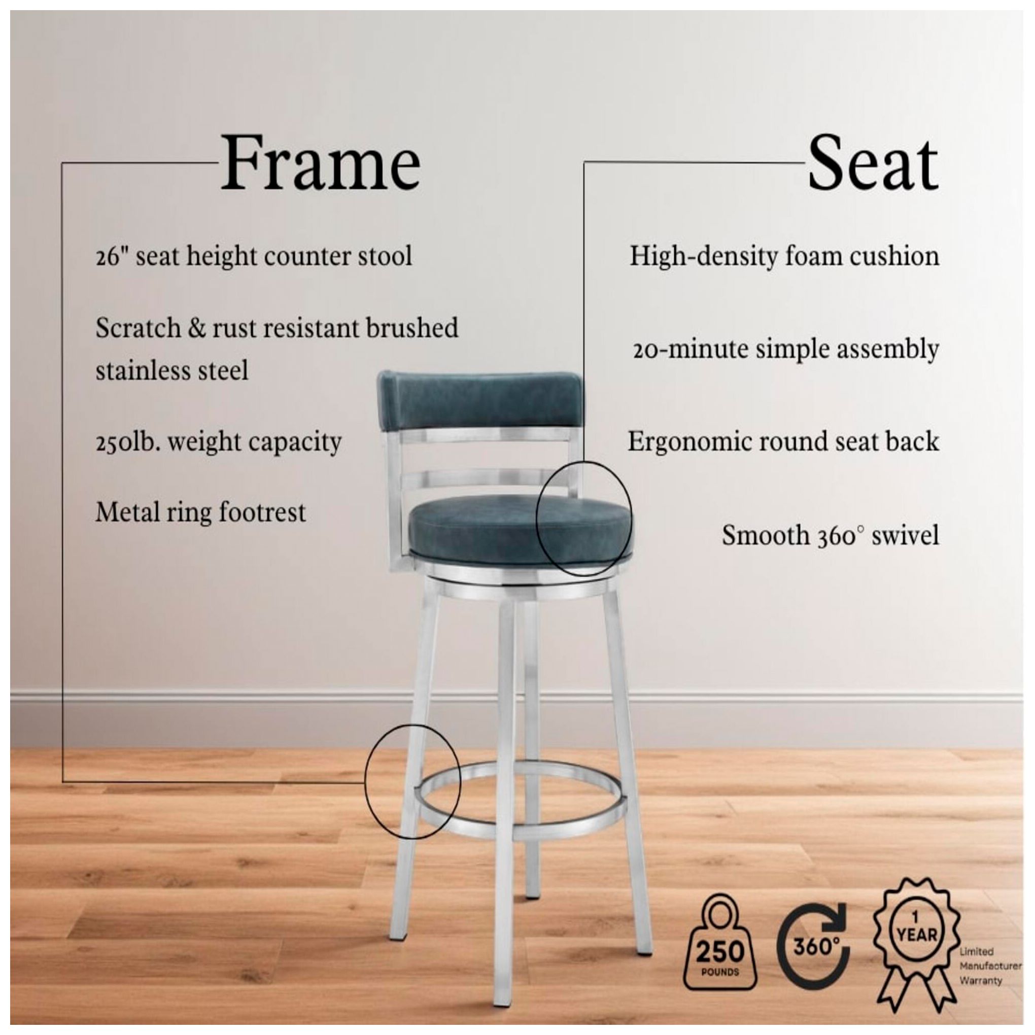 Titana 26" Blue Faux Leather Swivel Counter Stool